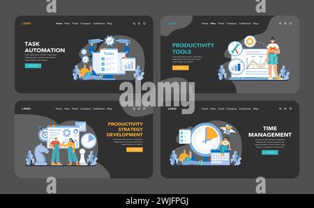 Productivity boosting night or dark mode web or landing page set. Interfaces displaying task automation, analytical tools, strategic development, and time management. Flat vector illustration. Stock Vector