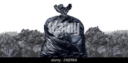 Garbage dump or dumpsite background isolated on a white background as a Waste disposal concept with a pile of black plastic trash bags. Stock Photo
