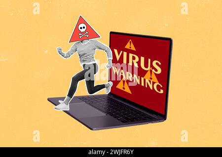 Creative 3d magazine collage image of pirate infecting virus modern device isolated yellow color background Stock Photo