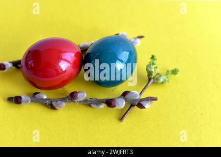 The attributes of the festival of the Resurrection of Christ are colored chicken eggs and willow branches. Stock Photo