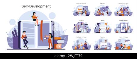 Self-Development set. Lifelong learning and personal growth scenes. Career advancement, language mastery, creative expression. Diverse study and wellness activities. Vector illustration Stock Vector