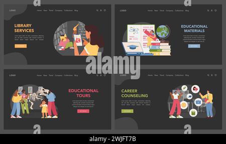 Learning essentials set. Different people using educational materials, interactive applications for studying, and library services enhancing academic experiences. Flat vector illustration Stock Vector