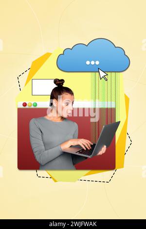 Vertical collage creative poster illustration amazed shocked beautiful young lady work type website interface cloud storage Stock Photo