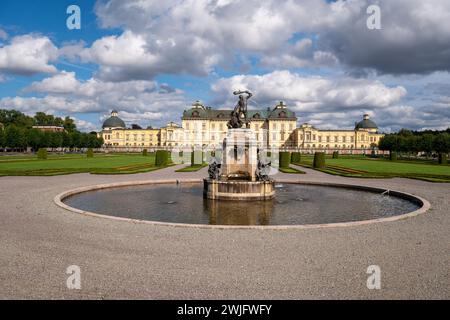 The Drottningholm palace in Stockholm Sweden. The royal palace of the royal family, with its gardens, fountains and beautiful architecture. Bright sun Stock Photo