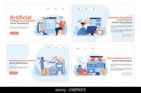 Retail Tech Illustration Set. Insightful AI integration, customer experience, mobile payment solutions, and sustainability in retail. Flat vector illustrations. Stock Vector