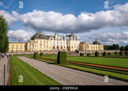 The Drottningholm palace in Stockholm Sweden. The royal palace of the royal family, with its gardens, fountains and beautiful architecture. Bright sun Stock Photo