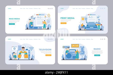Mass media web or landing page set. Interfaces showcasing Mass, Print, Television, and Radio Media. Digital content convergence with traditional formats. User-friendly web experience. Stock Vector