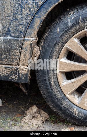 Wet mud on the side of a car in Eastern Oregon. Stock Photo