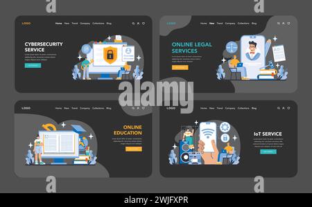 Technology and Innovation night or dark mode web or landing page set. Cybersecurity, online legal assistance, e-learning platforms, and IoT service integration for modern users. Vector illustration. Stock Vector