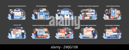 Online Advertising Metrics Vector Set. A detailed visual series displaying key metrics and tools for digital marketing efficiency and strategy. Flat vector illustrations. Stock Vector
