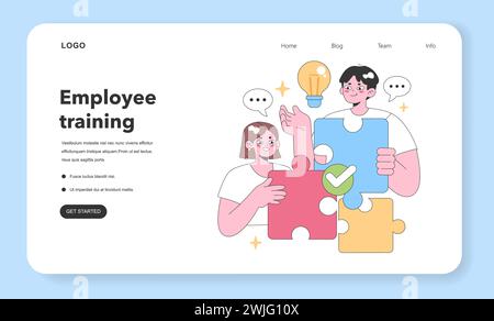 Collaboration concept. Two individuals connecting puzzle pieces, symbolizing teamwork and solutions, with glowing lightbulb indicating a shared idea. Unity, brainstorming. Flat vector illustration. Stock Vector
