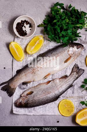 Fresh, raw rainbow trout for cooking.top view.. selective focus Stock Photo