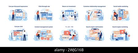Online Advertising Metrics Vector Set. A detailed visual series displaying key metrics and tools for digital marketing efficiency and strategy. Flat vector illustrations. Stock Vector