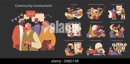 Retirees' Activities set. Seniors engaging in community, cultural events, and family life. Volunteer work, club participation, political involvement captured. Stock Vector