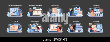 Digital Marketing Essentials Vector Illustrations. Engaging visuals depicting key digital marketing metrics and strategies for effective online presence. Flat vector graphics. Stock Vector