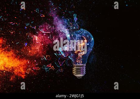filament bulb breaking on black background, high-speed photography. concept of fragility and creativity Stock Photo