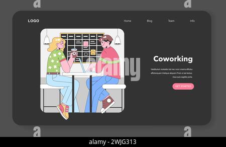 Colleagues collaborating in a cozy workspace. Sharing ideas over coffee, laptop-focused tasks, and a well-organized bulletin board. Casual work attire, engaging discussion. Flat vector illustration Stock Vector