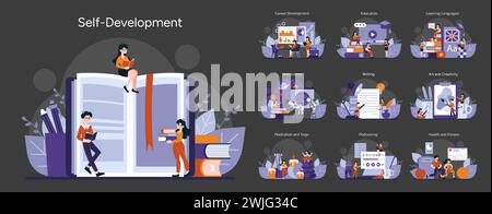 Self-Development set. Lifelong learning and personal growth scenes. Career advancement, language mastery, creative expression. Diverse study and wellness activities. Vector illustration Stock Vector
