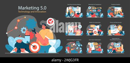 Marketing 5.0 set. Digital innovation and technology in advertising. Data analysis, blockchain, AI integration, and security. Flat vector illustration. Stock Vector