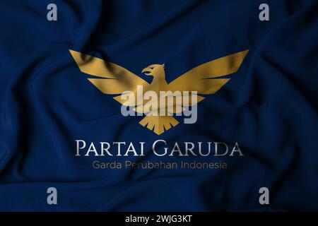 Selective focus of GARUDA Party flag, with waving fabric texture. The Concept of Political Parties in Indonesia. 3d illustration. pringsewu, Lampung; Stock Photo