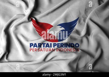 Selective focus of PSI Party flag, with waving fabric texture. The Concept of Political Parties in Indonesia. 3d illustration. pringsewu, Lampung; Feb Stock Photo