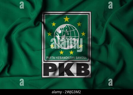 Selective focus of PKB Party flag, with waving fabric texture. The Concept of Political Parties in Indonesia. 3d illustration. pringsewu, Lampung; Feb Stock Photo