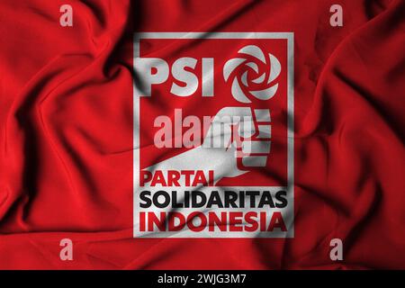 Selective focus of PSI Party flag, with waving fabric texture. The Concept of Political Parties in Indonesia. 3d illustration. pringsewu, Lampung; Feb Stock Photo