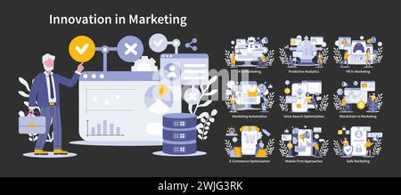 Marketing innovation night or dark mode. Modern digital strategies and technological solutions in advertising. Data-driven decision making, customer engagement enhancement. Vector illustration. Stock Vector