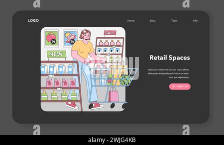 Supermarket Savvy Shopper. Woman excitedly fills her cart in an aisle bursting with promotions, from fresh produce to bottled delights. Grocery spree, savings abound. Flat vector illustration Stock Vector