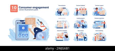 Consumer Engagement Vector Illustrations set. A collection showcasing diverse strategies for customer interaction, including personalization, feedback, and support. Stock Vector