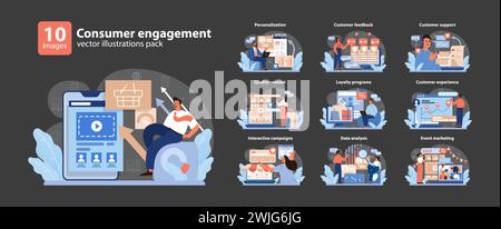 Consumer Engagement Vector Illustrations set. A collection showcasing diverse strategies for customer interaction, including personalization, feedback, and support. Stock Vector