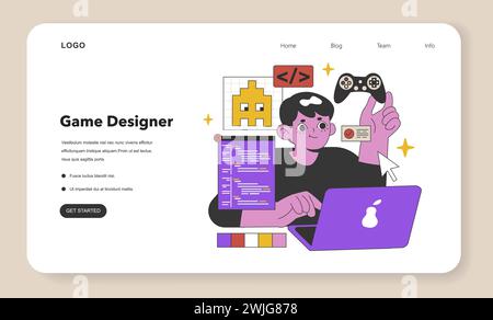 Dynamic Game Designer Developing Interactive Worlds. A digital artist codes and conceptualizes immersive gaming experiences with creativity and technology. Flat vector illustration Stock Vector