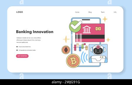Banking Innovation concept. Integrating technology with finances through AI, mobile banking, and cryptocurrency. Secure digital transactions. Flat vector illustration. Stock Vector