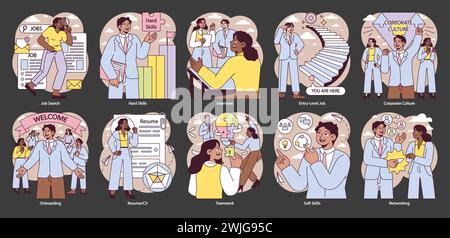 First Job set. Career start and workplace integration process. Job search, interview techniques, and corporate culture. Networking, teamwork, and skill development illustrated. Vector illustration. Stock Vector