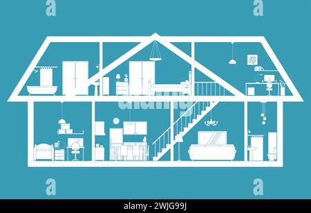 Blueprint of a a residence's lower level and attic in cross-sectional view Stock Vector