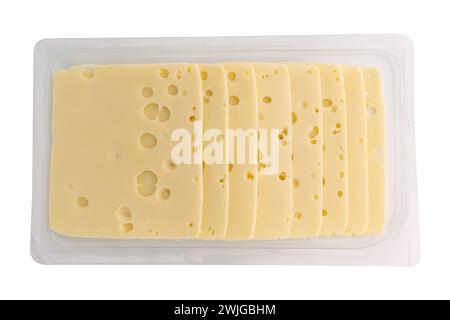 cheese slices isolated on white background with clipping path, sliced cheese in plastic package, pieces of sliced maasdam cheese laid out to create la Stock Photo