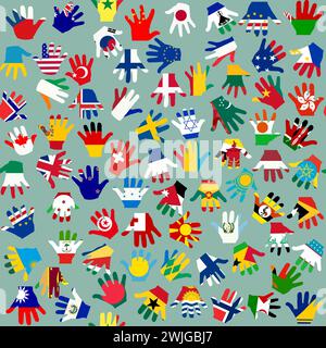 Seamless pattern with kids hands with a print of various flags of the world Stock Vector
