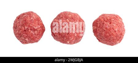 hree fresh raw homemade meatballs isolated on white background with clipping path, top view Stock Photo