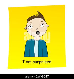 I am surprised concept.Cartoon hand drawn boy with surprised expression Stock Vector