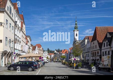 Town Square With Town Hall Tower In Steyr, Upper Austria, Austria Stock Photo