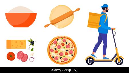Pizza cooking and delivery steps. Easy recipe for homemade Italian food. Preparation of the dough. Courier on an electric scooter delivers pizza. Vect Stock Vector