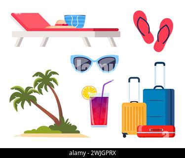 Adventure tourism, travel abroad, summer vacation trip decorative design elements. Set of travel icons. Transport, hotel, baggage, airport. cocktail, Stock Vector