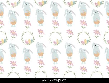 Seamless pattern with bunnies, easter wreath and flowers on white background. Stock Vector