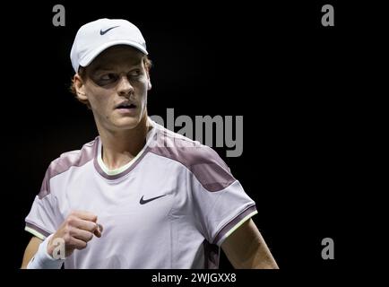 ROTTERDAM - Jannik Sinner (ITA) in action against Gael Monfils (FRA) on the fourth day of the ABN AMRO Open tennis tournament in Ahoy. ANP SANDER KONING Stock Photo