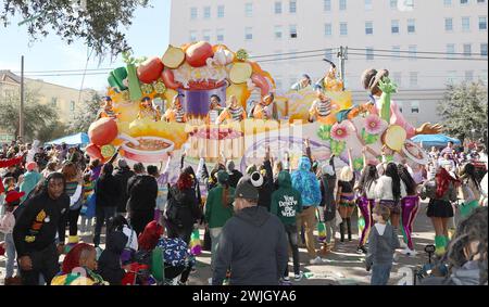 New Orleans, USA. 13th Feb, 2024. The La Cuisine Creole Float rolls through during the Rex Parade on St. Charles Avenue in New Orleans, Louisiana on Tuesday, February 13, 2023. (Photo by Peter G. Forest/SipaUSA) Credit: Sipa USA/Alamy Live News Stock Photo