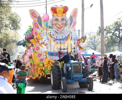 New Orleans, USA. 13th Feb, 2024. The Butterfly King float rolls through during the Rex Parade on St. Charles Avenue in New Orleans, Louisiana on Tuesday, February 13, 2023. (Photo by Peter G. Forest/SipaUSA) Credit: Sipa USA/Alamy Live News Stock Photo