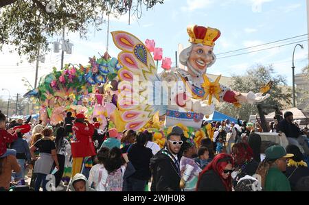 New Orleans, USA. 13th Feb, 2024. The Butterfly King Float rolls through during the Rex Parade on St. Charles Avenue in New Orleans, Louisiana on Tuesday, February 13, 2023. (Photo by Peter G. Forest/SipaUSA) Credit: Sipa USA/Alamy Live News Stock Photo