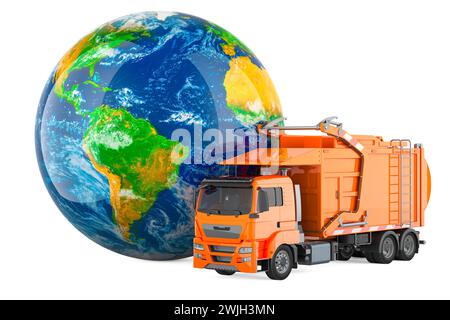 Garbage Truck with Earth Globe. 3D rendering isolated on white background Stock Photo