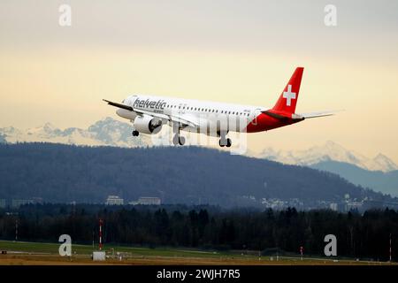 RECORD DATE NOT STATED Airplane landing in Kloten: Helvetic s Embraer E195-E2. HB-AZL - An Embraer E195-E2 of Swiss airline Helvetic Airways approaches Kloten Airport in its blue and white livery. The plane, with its sleek, modern lines, is an example of state-of-the-art aviation technology. The Embraer E195-E2 can accommodate up to 134 passengers and offers a high level of comfort and performance. Trivia: The Embraer E195-E2 is one of the most efficient regional jets in the world, with low fuel consumption and a minimal noise footprint. Copyright: xSergioxBrunettix Stock Photo