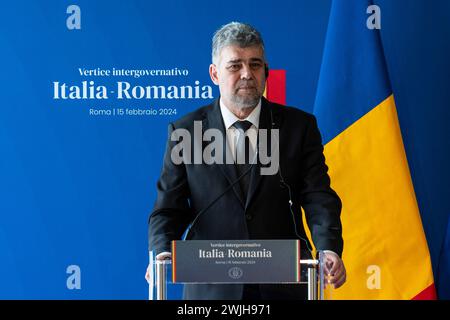 Rome, Italy. 15th Feb, 2024. Romanian Prime Minister Marcel Ciolacu attends a press conference on the occasion of the Italy-Romania intergovernmental summit at Villa Doria Pamphili in Rome. Credit: SOPA Images Limited/Alamy Live News Stock Photo